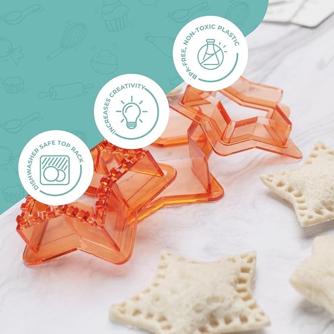 Four star-shaped sandwich cutters in vibrant orange plastic are displayed on a light surface, alongside several cut sandwich pieces. Icons indicating features like dishwasher safety and creativity enhancement are visible in the upper area.