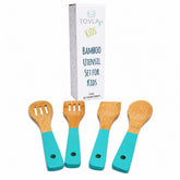 Set of four bamboo utensils with turquoise handles, including a slotted spatula, solid spatula, and two different spoons, displayed alongside a tall, colorful packaging box labeled for kids.