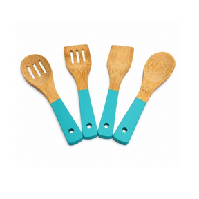 Four bamboo utensils with turquoise handles displayed together, including a slotted spatula, a flat spatula, and two spoons of different shapes. Each handle features a hole for easy hanging.