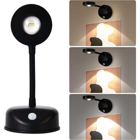 Black wireless motion sensor spotlight with a round head and flexible arm, designed to illuminate pictures or artwork. The spotlight features three different dimmable color options and is mounted on a base with a motion sensor.