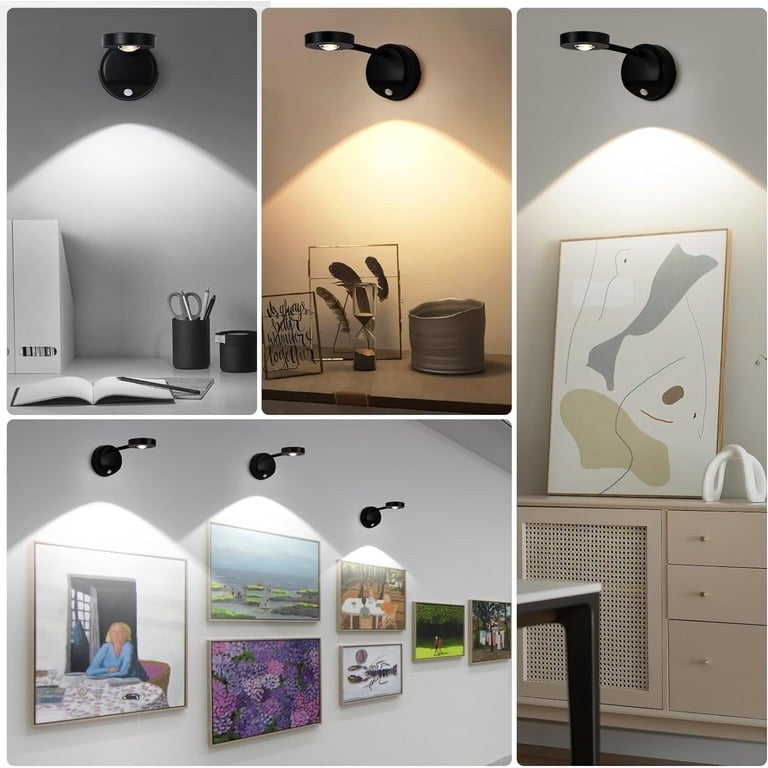 Four black wireless motion sensor spotlights are mounted on walls, each illuminating different artwork and objects in various lighting colors. The arrangement showcases the versatility of the spotlight, with two functional angles highlighting details of framed pictures and decorative items in a stylish interior setting.