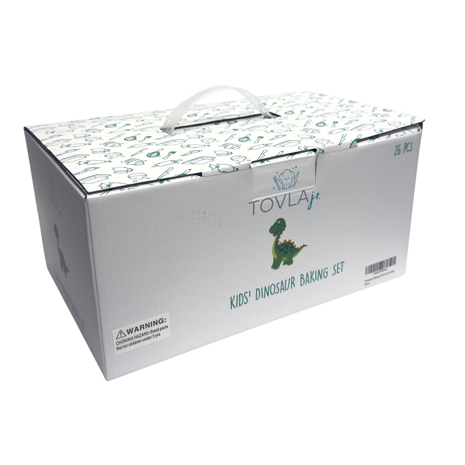 Box featuring a whimsical dinosaur design, labeled as the "Kids' Dinosaur Baking Set" by Tovla Jr., with a carrying handle on top and a warning label for small parts.