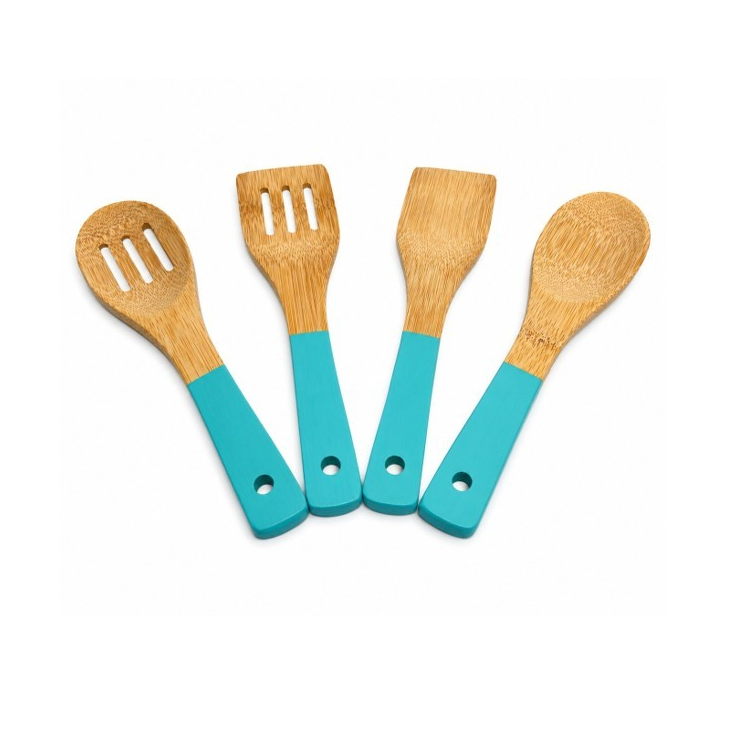 Four bamboo utensils with turquoise handles displayed together, including a slotted spatula, a flat spatula, and two spoons of different shapes. Each handle features a hole for easy hanging.