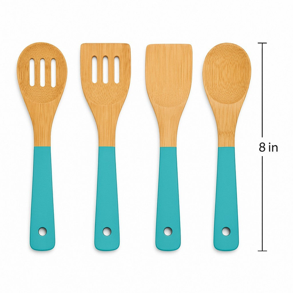 Four bamboo utensils with turquoise handles, including a slotted spoon, a flat spatula, and a round spoon, each measuring 8 inches in length.