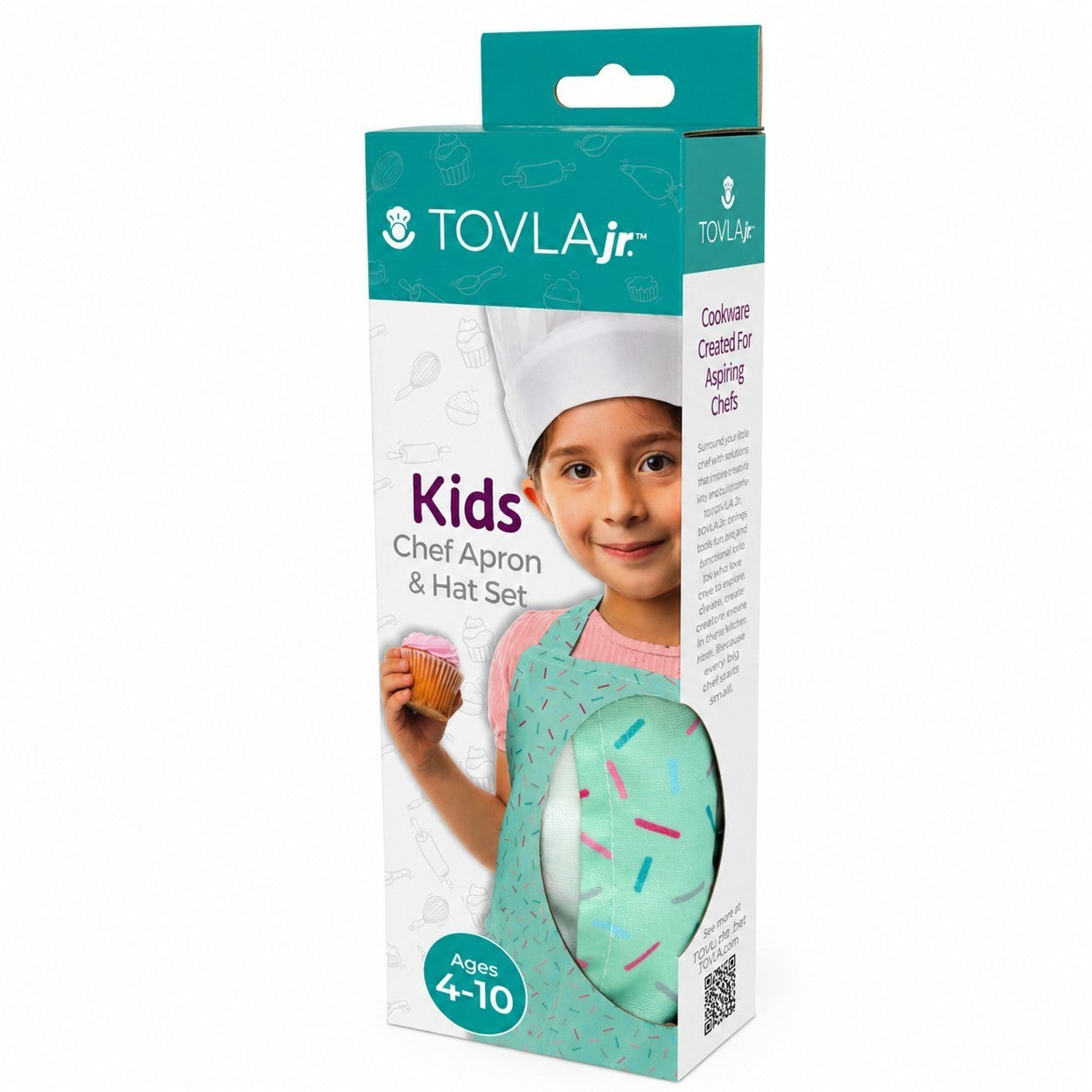 The packaging features a smiling child wearing a white chef hat and a mint green apron adorned with colorful sprinkles, holding a cupcake in her left hand. The set is designed for kids aged 4-10 and emphasizes fun in the kitchen.