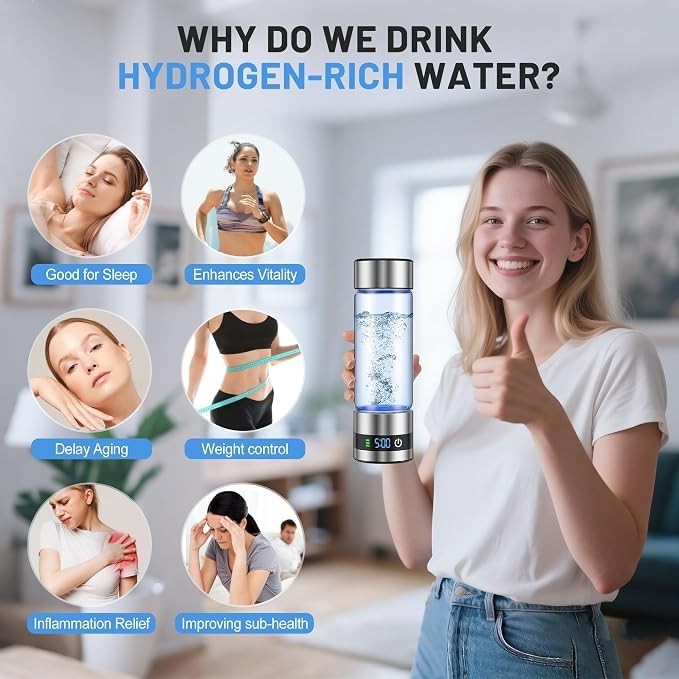 A smiling young woman holds the hydrogen water bottle, showcasing its transparent body filled with bubbles and a digital LED display at the base. Surrounding her are circular icons illustrating the benefits of hydrogen-rich water, such as improved sleep and enhanced vitality.
