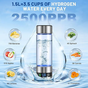 The image displays a transparent hydrogen water bottle with a silver lid and a base featuring an LED display. Surrounding the bottle are various icons representing fruits and vegetables, with text highlighting the water's benefits and capacity details.