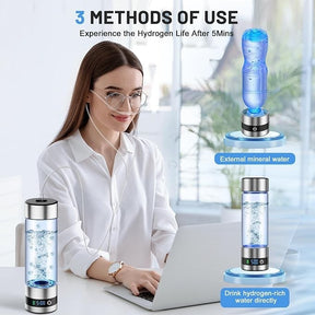 A woman with long hair and glasses sits at a desk while using a laptop, alongside a Hydrogen Water Bottle prominently displayed on the left, showcasing bubbles in the water. Two additional methods of use are illustrated on the right, featuring an external mineral water bottle and another view of the Hydrogen Water Bottle.