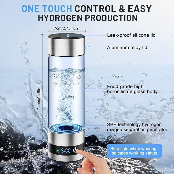 The Hydrogen Water Bottle features a sleek design with a transparent borosilicate glass body, a metallic lid, and a touch control at the base displaying a digital timer. Bubbles are visible in the water, indicating the hydrogen production process in action.