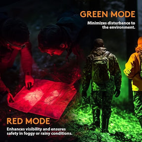 Two individuals are using the running safety light: one is examining a map under red light while the other walks in a forest setting illuminated by green light. The text highlights the benefits of both lighting modes: red for visibility in poor weather, and green for minimizing environmental disturbance.