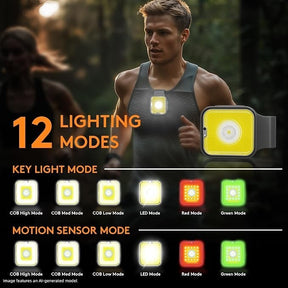 A man runs in a dimly lit environment, wearing a magnetic clip-on running safety light on his chest, which illuminates in bright yellow. Below him, various light modes are displayed, including different colors and settings for increased visibility during nighttime activities.