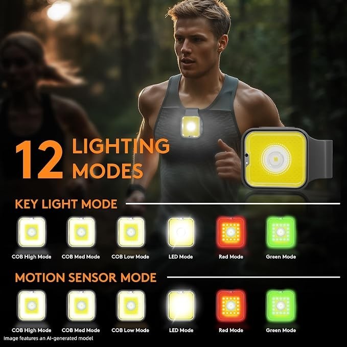 A man runs in a dimly lit environment, wearing a magnetic clip-on running safety light on his chest, which illuminates in bright yellow. Below him, various light modes are displayed, including different colors and settings for increased visibility during nighttime activities.