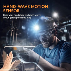 A person wearing a hard hat and safety goggles is using a hand wave motion sensor light, demonstrating hands-free operation. The image shows their hand positioned to activate the sensor, highlighting practicality in a work environment.