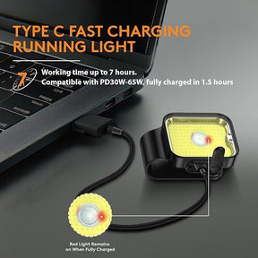 The running light is shown connected to a laptop via a Type-C charging cable, featuring a circular light bulb with a yellow base and a central LED. Text highlights the charging capabilities and specifications, including a fully charged indicator light.