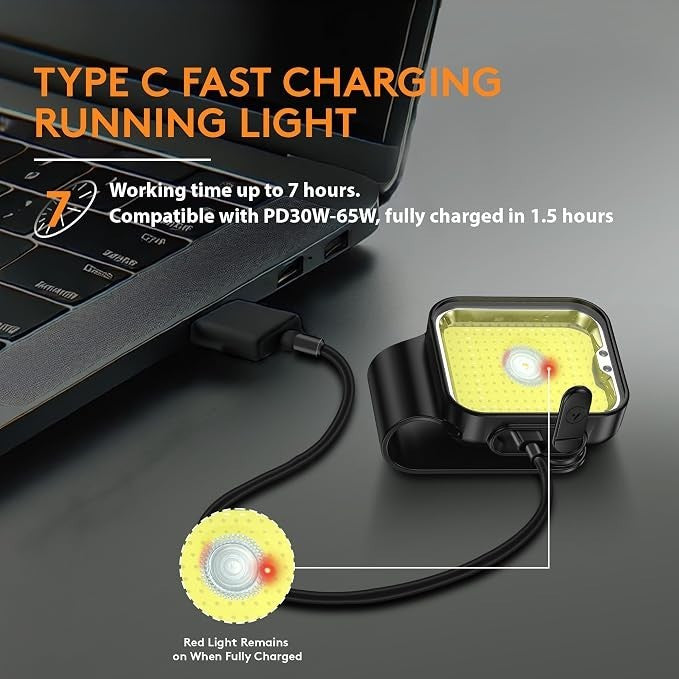 The running light is shown connected to a laptop via a Type-C charging cable, featuring a circular light bulb with a yellow base and a central LED. Text highlights the charging capabilities and specifications, including a fully charged indicator light.