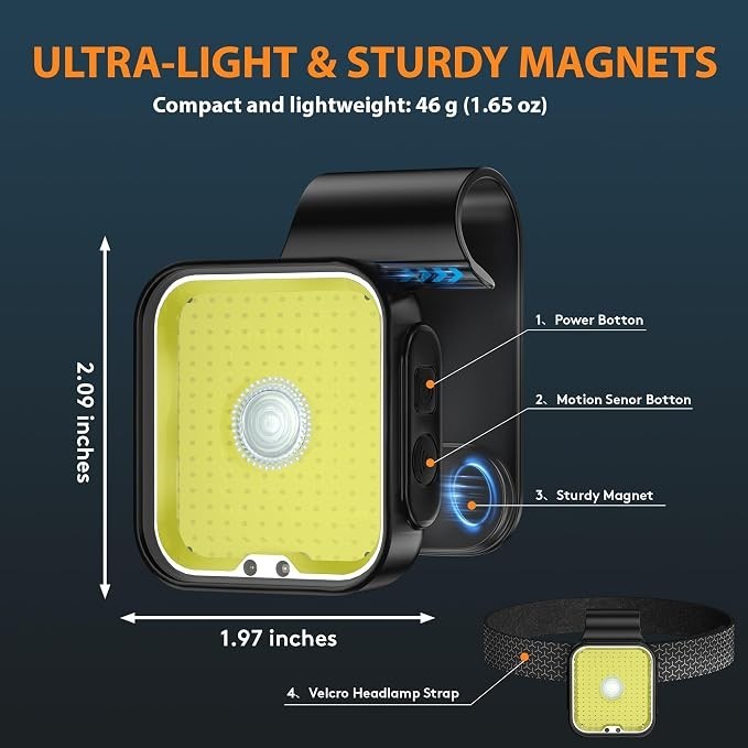 The magnetic clip-on running safety light features a compact yellow light with a sturdy design, showcasing buttons for power and motion sensor. Dimensions of 2.09 inches in height and 1.97 inches in width are also indicated, along with a Velcro headlamp strap.