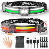 Two rechargeable LED headlamps in different colors showcase a wide beam with front white lights and side red and yellow indicator strips, featuring an adjustable strap with brand detailing. Additional accessories including USB cables and a storage pouch are included in the arrangement.