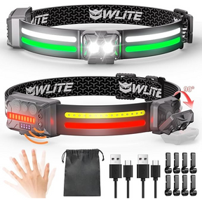 Two rechargeable LED headlamps in different colors showcase a wide beam with front white lights and side red and yellow indicator strips, featuring an adjustable strap with brand detailing. Additional accessories including USB cables and a storage pouch are included in the arrangement.