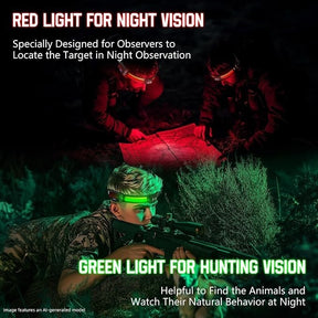 The image shows two users equipped with headlamps in a nighttime setting; one wearing a red-lit headlamp is examining a map, while another, with a green-lit headlamp, aims a weapon, suggesting functionality for night observation and hunting. Text highlights the benefits of red and green lights for night vision and tracking wildlife.