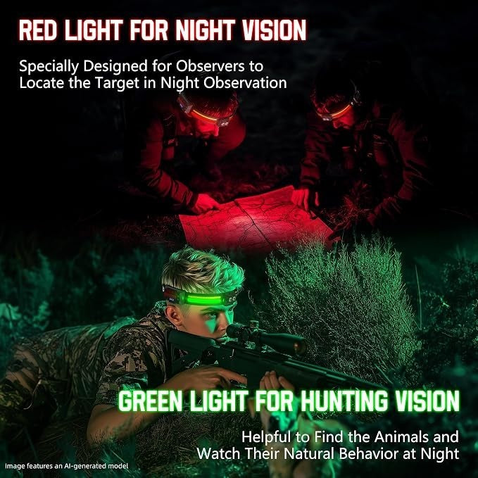 The image shows two users equipped with headlamps in a nighttime setting; one wearing a red-lit headlamp is examining a map, while another, with a green-lit headlamp, aims a weapon, suggesting functionality for night observation and hunting. Text highlights the benefits of red and green lights for night vision and tracking wildlife.