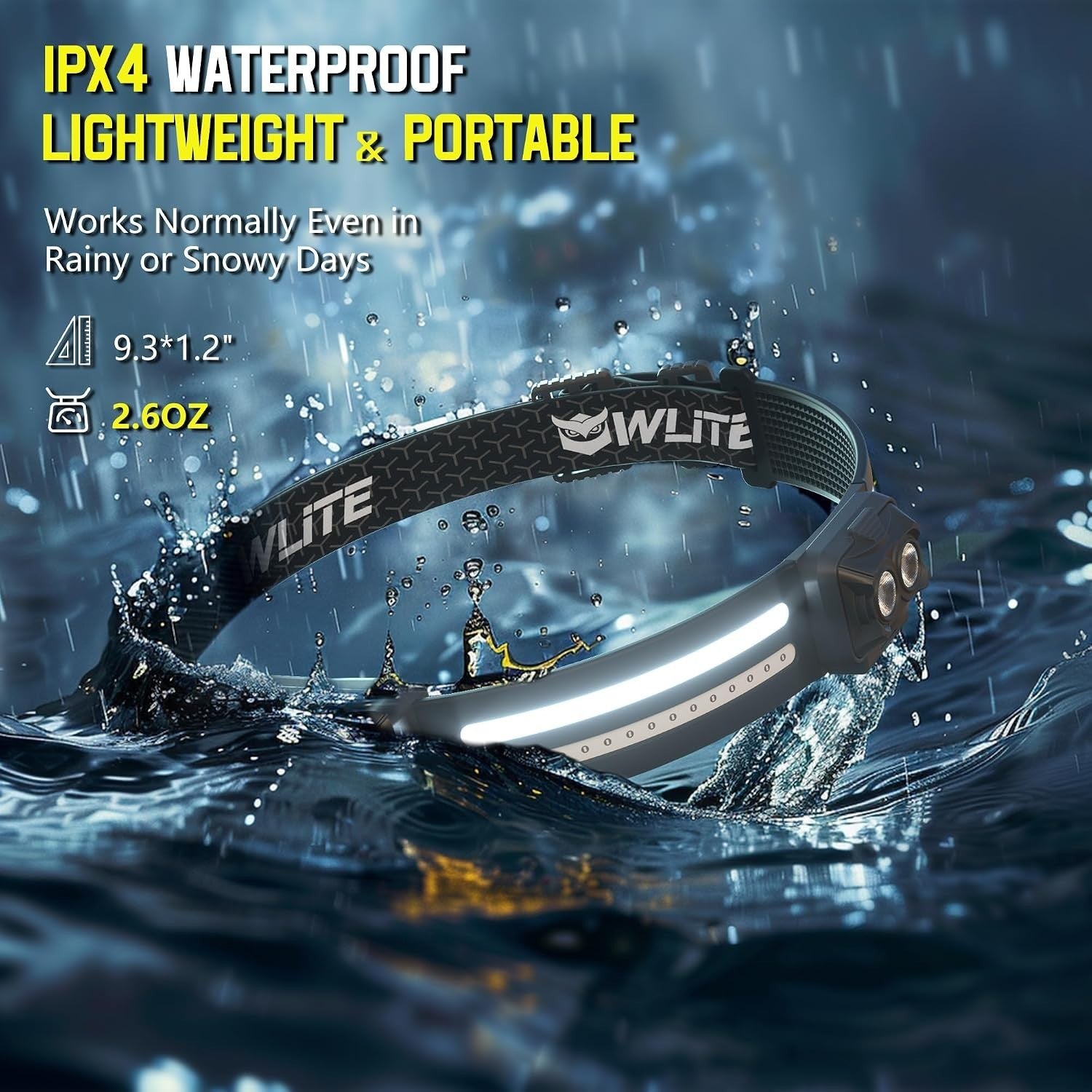 Headlamp floating on water, showcasing its waterproof design. The headlamp features a thick adjustable strap, dual light sources, and a slim profile, highlighting its portability and lightweight nature.