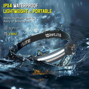 Headlamp floating on water, showcasing its waterproof design. The headlamp features a thick adjustable strap, dual light sources, and a slim profile, highlighting its portability and lightweight nature.