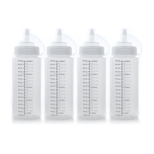 Clear plastic squeeze bottles with measurement markings, featuring a narrow tip and a wide neck, arranged in a group of four. Each bottle holds up to 16 ounces.