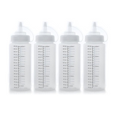Clear plastic squeeze bottles with measurement markings, featuring a narrow tip and a wide neck, arranged in a group of four. Each bottle holds up to 16 ounces.