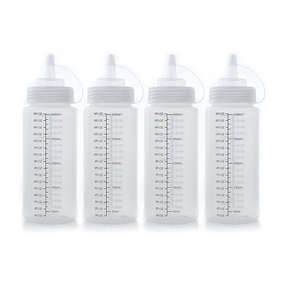 Clear plastic squeeze bottles with measurement markings, featuring a narrow tip and a wide neck, arranged in a group of four. Each bottle holds up to 16 ounces.