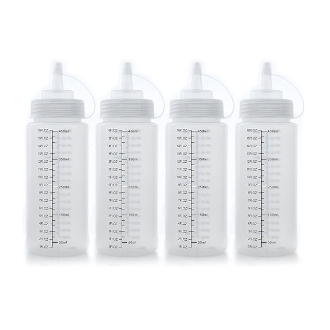 Clear plastic squeeze bottles with measurement markings, featuring a narrow tip and a wide neck, arranged in a group of four. Each bottle holds up to 16 ounces.