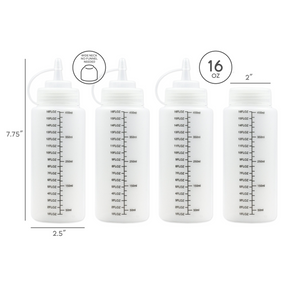 Four transparent plastic squeeze bottles, each measuring 7.75 inches tall and 2.5 inches wide, with a capacity of 16 ounces. The bottles feature measurement markings along the sides and wide necks for easy filling, topped with pointed caps for dispensing.