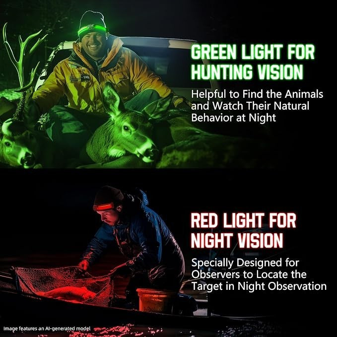 The image showcases two scenarios demonstrating the headlamp beanie's functionality: the top half features a person in a yellow jacket using a green light for hunting, with deer nearby, while the bottom half shows a person wearing the beanie and using a red light for night fishing. Text highlights the benefits of each light color.