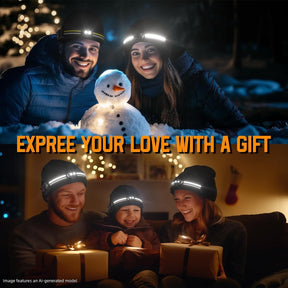 The image shows two scenes featuring a rechargeable wide beam headlamp beanie. The top scene depicts a couple outdoors smiling next to a snowman, while the bottom scene showcases a family sitting by a warmly decorated living room, joyfully opening gifts. Both subjects wear headlamp beanies that have a reflective strip for visibility.