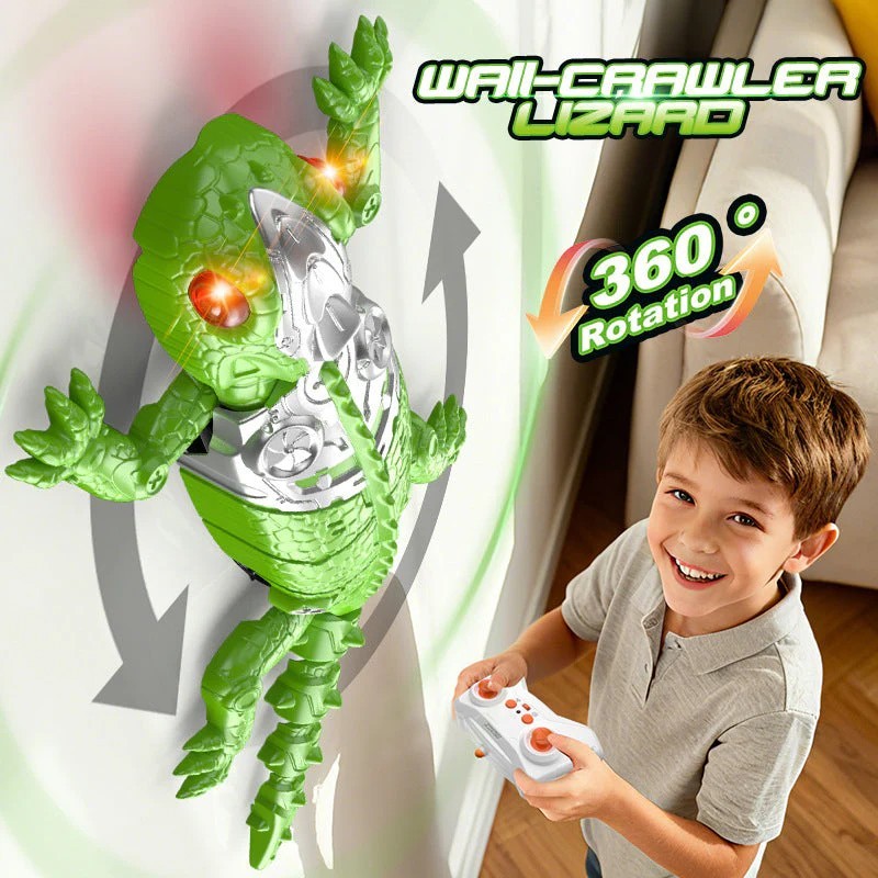 Bright green wall-crawling lizard toy clings to a white wall, featuring red eyes and a silver chest plate, while a young boy joyfully controls it with a white remote.