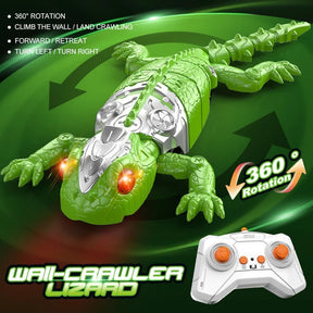 Bright green remote control lizard toy designed to crawl on walls and flat surfaces, featuring a textured body and red eyes, alongside a white controller with orange accents. The lizard is positioned facing forward, showcasing its head and feet.