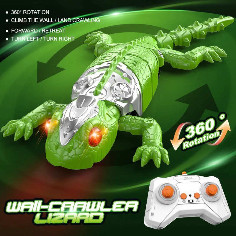 Bright green remote control lizard toy designed to crawl on walls and flat surfaces, featuring a textured body and red eyes, alongside a white controller with orange accents. The lizard is positioned facing forward, showcasing its head and feet.