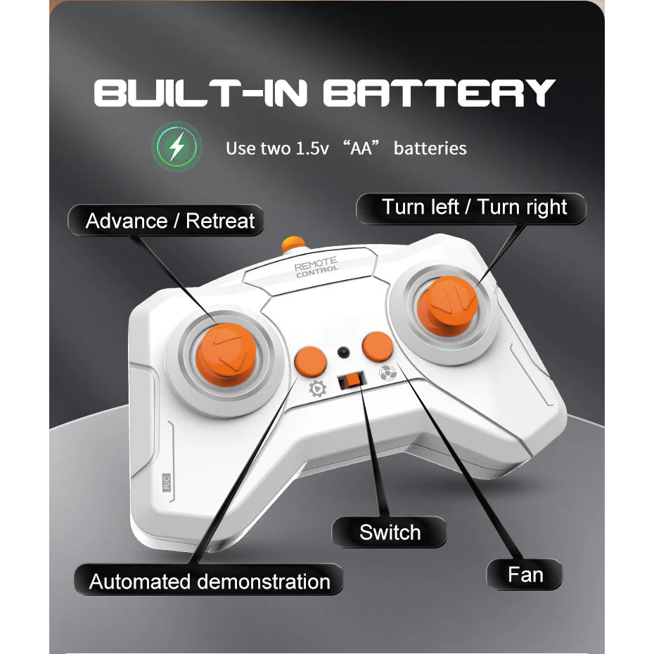 Remote control with a sleek white design featuring orange controls, labeled buttons for advance/retreat and left/right turns, and indicators for an automated demonstration and fan function. The layout highlights the functionality essential for operating the wall climbing lizard toy.
