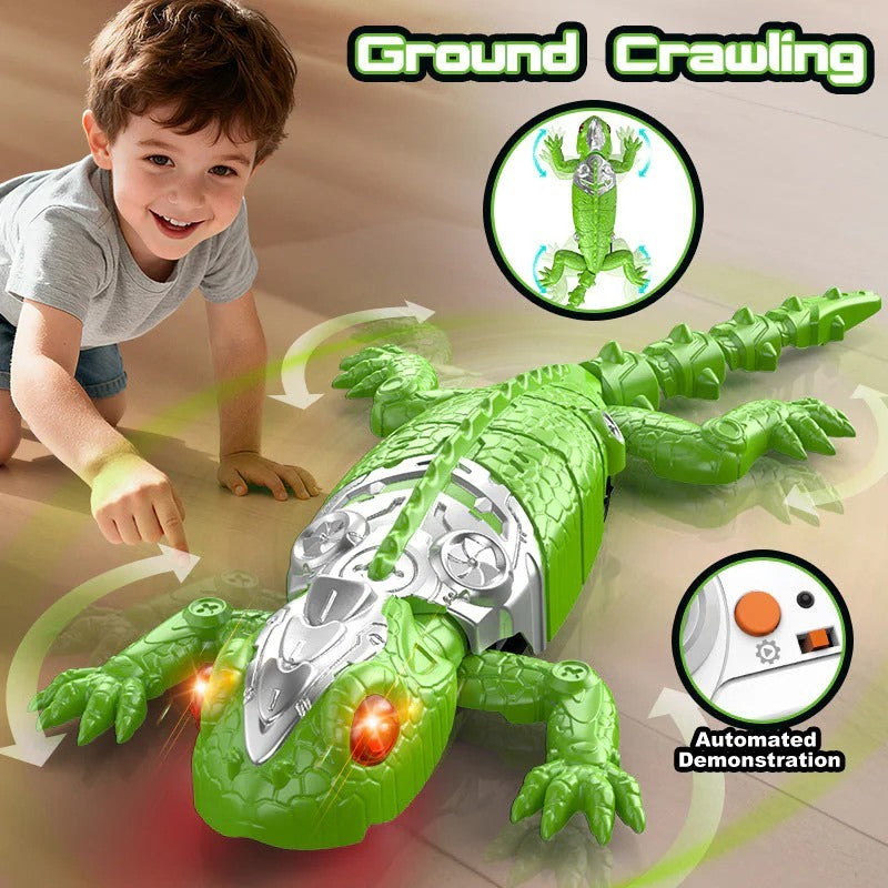 A young child interacts with a bright green remote control wall-crawling lizard toy on a smooth floor, demonstrating its ground crawling feature. The toy has glowing eyes and a shiny silver section on its back, with arrows indicating movement directions.