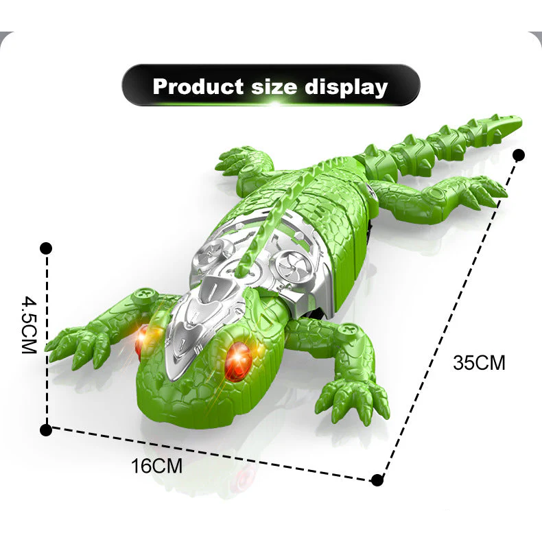 The remote control lizard toy is shown in a flat position, featuring a bright green body with detailed scales, a silver underside, and glowing red eyes. Dimensions indicate a length of 35 cm, width of 16 cm, and height of 4.5 cm.