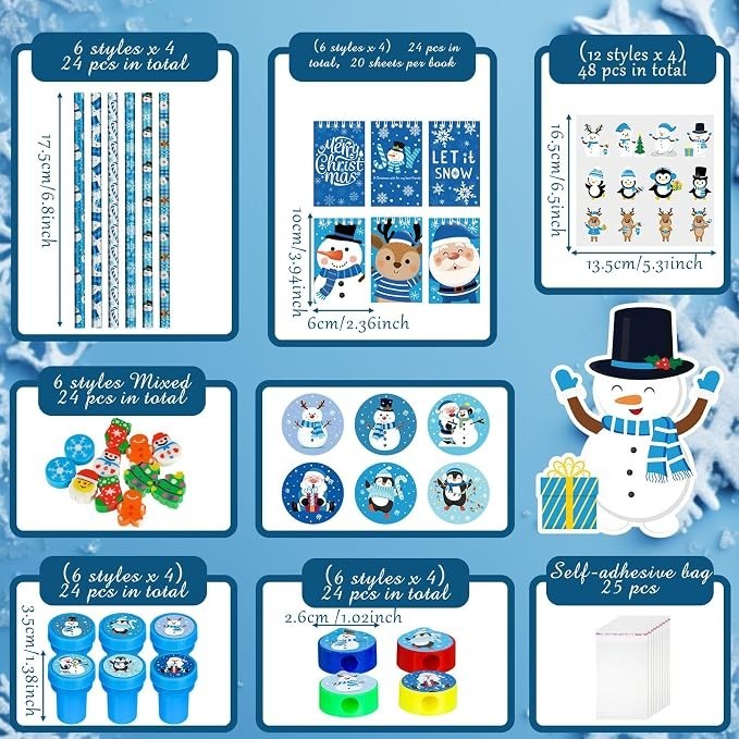 The image displays various components of a winter-themed stationery set, including decorative papers, stickers, and tape, with playful designs featuring snowmen, reindeer, and festive messages. The items are arranged in sections, clearly labeled with their individual counts and sizes.