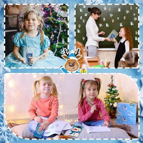 Four scenes featuring children using the Winter School Stationery Set, including a girl in a blue dress next to a decorated tree, a teacher handing supplies to a student, and two girls coloring on a couch with festive decorations in the background.