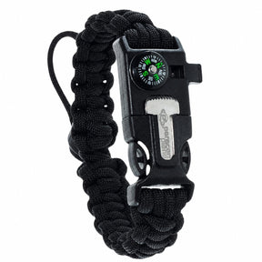 Black paracord bracelet featuring a plastic buckle equipped with a built-in compass, fire starter, and whistle. The braided design offers a rugged, outdoor appearance.