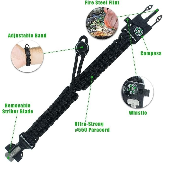 Black paracord bracelet featuring an adjustable band, removable striker blade, compass, and whistle, designed for survival use. The bracelet showcases the texture of the paracord and includes labeled icons indicating its multifunctional features.