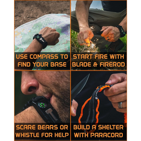 Four images showing the Tactical Survival Paracord Bracelet in use: a hand using the built-in compass while looking at a map, a hand striking a fire starter, a person blowing into the bracelet's whistle, and a hand holding a knife while securing paracord. Each action highlights the bracelet's multifunctional features.
