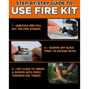 Step-by-step guide showing how to use the fire kit from the Tactical Survival Paracord Bracelet, with instructions on unbuckling, scraping off paint, and igniting tinder. The background features a person demonstrating the process of starting a fire outdoors.