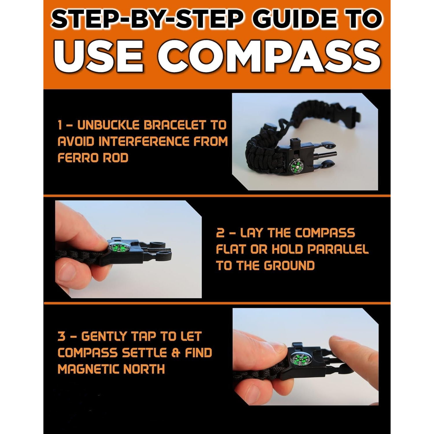 A step-by-step guide for using the compass on the Tactical Survival Paracord Bracelet, displaying three numbered instructions with relevant images: unbuckling the bracelet, holding the compass flat, and tapping it to find magnetic north.