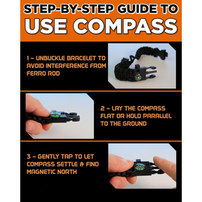 A step-by-step guide for using the compass on the Tactical Survival Paracord Bracelet, displaying three numbered instructions with relevant images: unbuckling the bracelet, holding the compass flat, and tapping it to find magnetic north.
