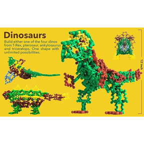Colorful dinosaur models made from interlocking pieces, featuring a prominently displayed T-Rex in green and brown with yellow accents, along with a pterosaur and an ankylosaurus in the background. A bright yellow backdrop enhances the vibrant colors of the pieces, with a measuring scale on the right indicating a height of 12 inches.