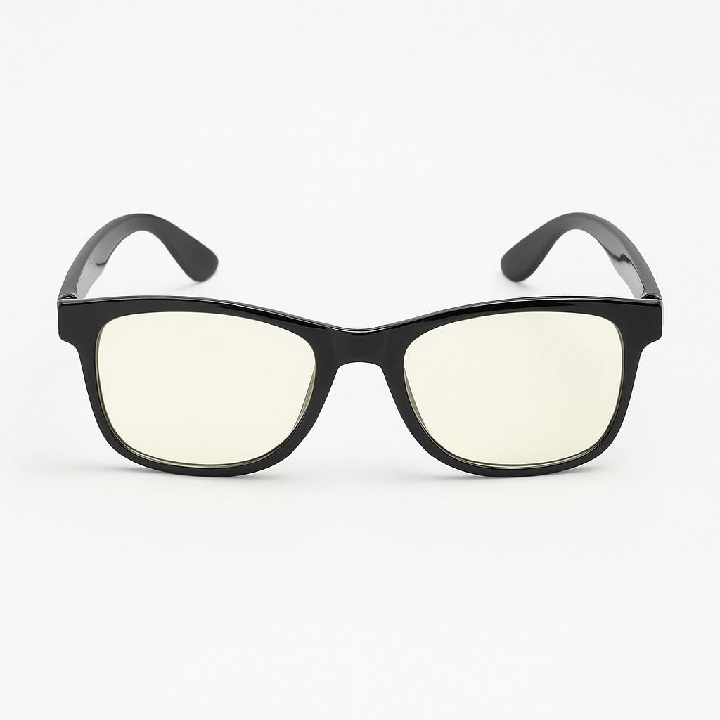 Blue light filtering glasses with a sleek black frame and light yellow tinted lenses, designed to reduce eye fatigue. The glasses have a rectangular shape with slightly curved temples.