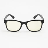 Blue light filtering glasses with a sleek black frame and light yellow tinted lenses, designed to reduce eye fatigue. The glasses have a rectangular shape with slightly curved temples.